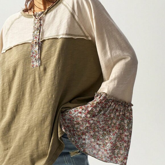 multicolor Casual Women's Boho Loose Fit flared sleeve top - Picture 4 of 8